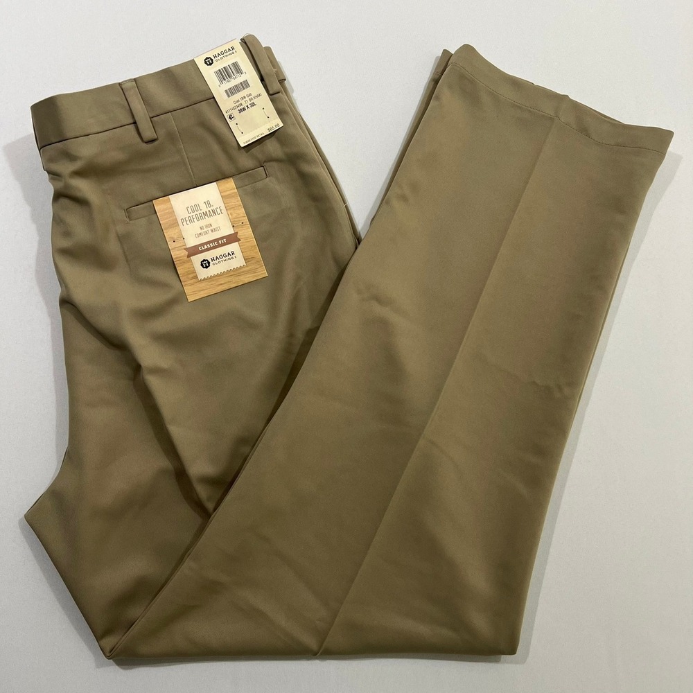 Haggar Dress Pants Cool 18 Performance Classic Fit Khaki Mens 38x32